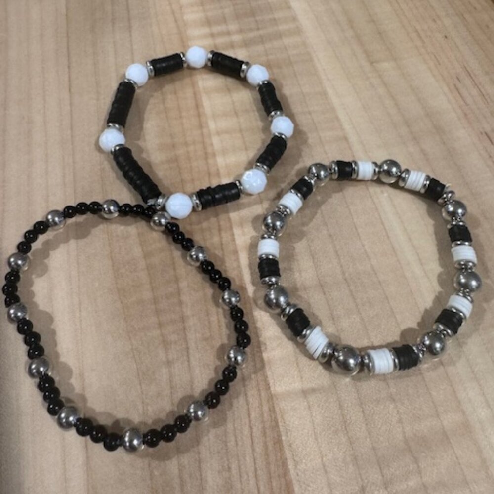 Set of 3 Handmade Black and white Beaded Bracelet